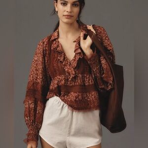 Anthropologie Ruffled V-Neck Popover Blouse Red Motif Medium / petite $128